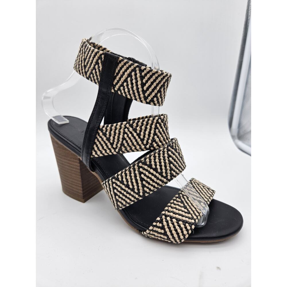 Tribal Aztec Huarache Design Woven Rattan Strappy Wooden Block Heel sz 8